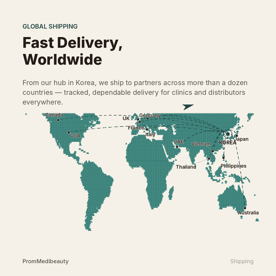 World map showing PromMedibeauty's shipping routes from Korea to the USA, Canada, the UK, Germany, France, Italy, the UAE, Japan, Thailand, Vietnam, the Philippines and Australia